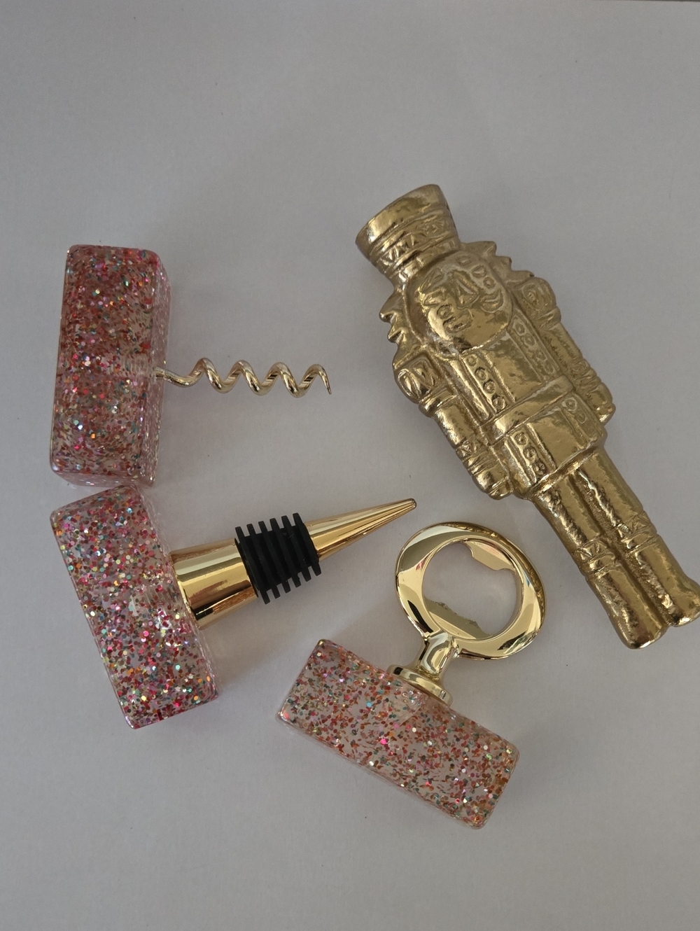 Glitter Resin Wine Accessory Set with Gold Bottle Opener - Pink Glitter